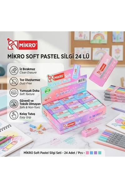 Art Tone Mikro Soft Pastel Renkler Silgi 24'lü Paket - Dust-Free Döküntüsüz Y...