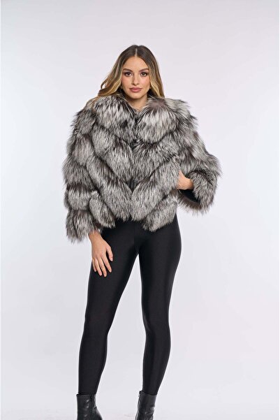Luxus Haina din blana de vulpe argintie cu fir lung, model in V, 2 in 1