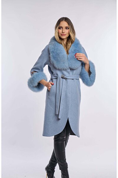Luxus Palton lana alpaca cu blana de vulpe, Baby Blue