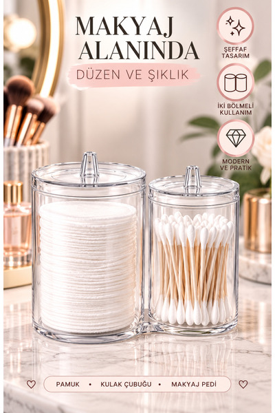 MAQYA KOZMETİK Şeffaf Kapaklı Makyaj Düzenleyici 2 Bölmeli Pamuk ve Kulak Çub...