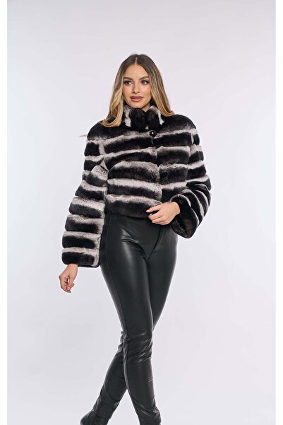 Luxus Haina blana de Rex Chinchilla, maneca lunga, alb-negru
