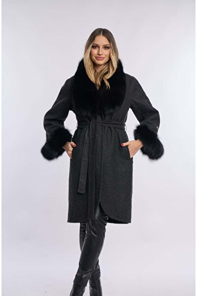 Luxus Palton lana alpaca cu blana de vulpe, Negru