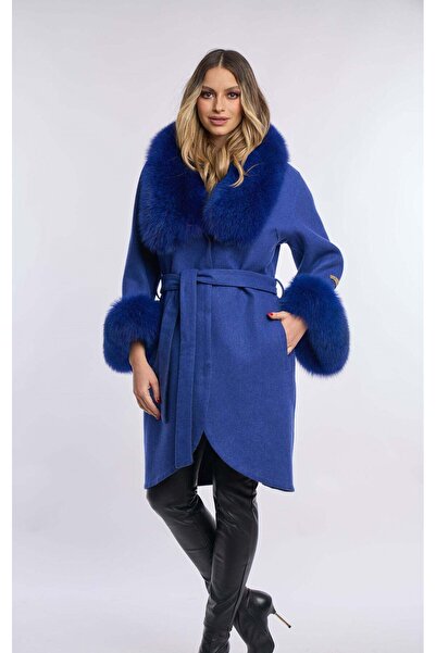 Luxus Palton lana alpaca cu blana de vulpe, Albastru Electric