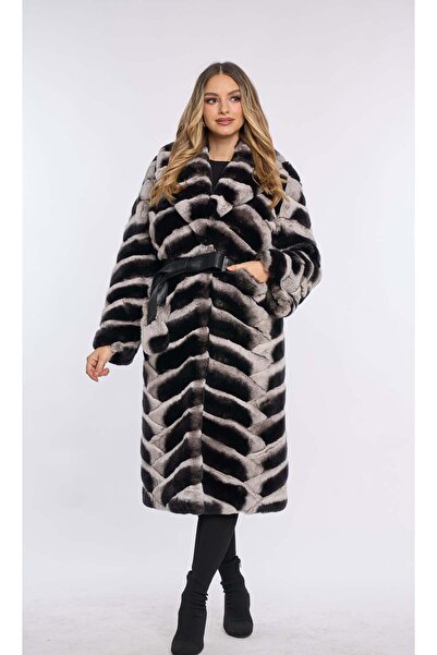Luxus Haina din blana de rex chinchilla model impletit, alb-negru