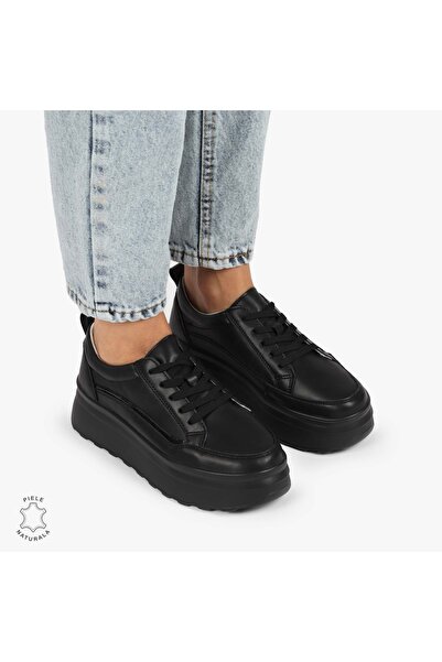 trendamoda Pantofi CASUAL PIELE NATURALA dunga decorativa cu talpa inalta Negru
