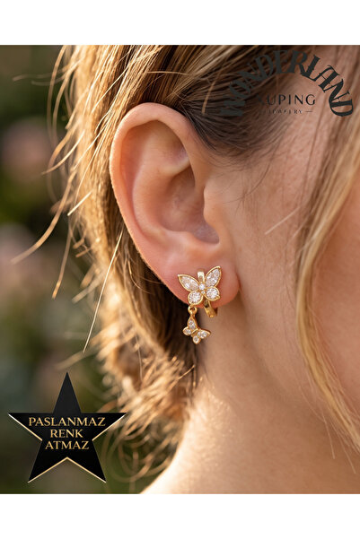 XUPING JEWELRY Çiftli Kelebekli Kadın Küpe - Minik Halka - 14K Altın Renginde...