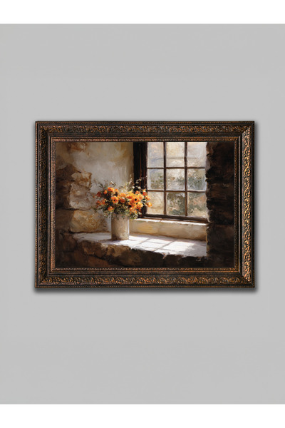 WoodyArts Pencere Önünde Çiçek Bronz Eskitme Çerçeveli Dekoratif Salon Duvar ...