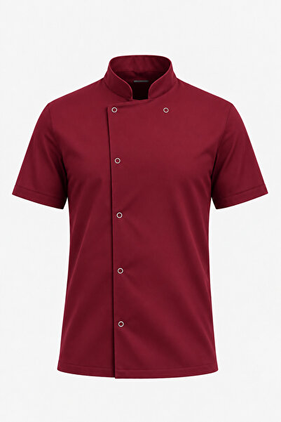 LOOKMT MODA Unısex Bordo Renk Çıtçıtlı Kısa Kollu Aşçı Ceketi Aşçı Saya Şef C...