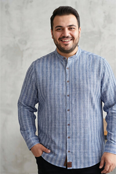 Chordi Men's Plus Size Oversized Slim Fit Long Sleeve Linen Notched Collar Shirt