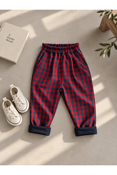 Catz Kids Pantaloni pentru băieți, croială morcov, roșu, bleumarin, carouri