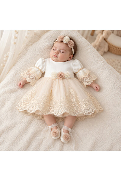 ese bebe Kız Bebek Mimoza Mevlüt Elbisesi Dantelli Tüllü Taç ve Ayakkabılı 3’...