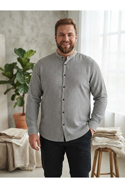 Chordi Men's Plus Size Oversized Slim Fit Long Sleeve Linen Notched Collar Shirt
