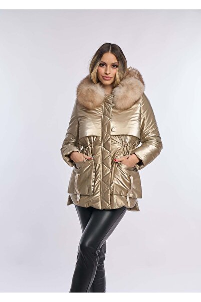 Luxus Geaca Fas cu blana naturala, Gold, scurta
