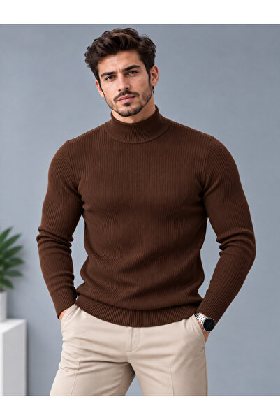 cto your style Brown Slim Fit Thin Ribbed Half Turtleneck Men's Knitwear Sweater