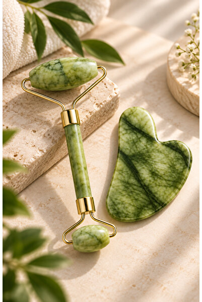 MAQYA KOZMETİK Yeşim Jade Roller %100 Doğal Taş Masaj Aleti Ve Kalp Gua Sha Y...