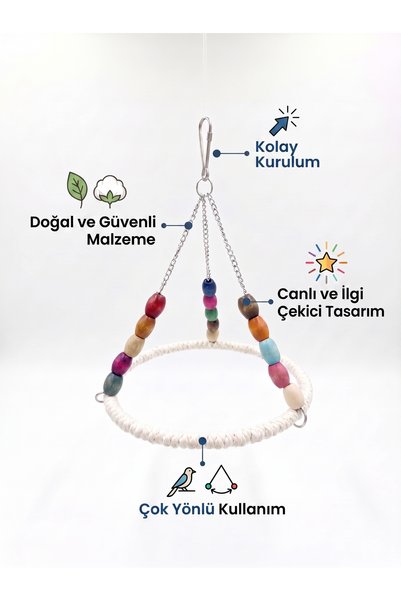PetTale Macrame Braided Colorful Beaded Bird Swing - Budgie and Parrot Toy (16 cm X 20 cm)