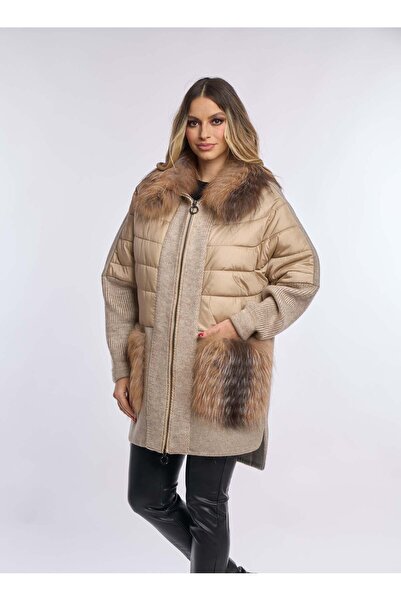 Luxus Palton lana alpaca cu fas accesorizata cu blana naturala de vulpe, BEJ