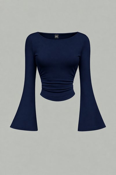 Marin Star Women's Navy Blue Boat Neck Spanish Sleeve Long Sleeve Gathered Blouse