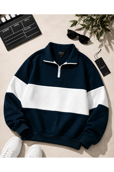 FECCY Premium Unisex Petrol Blue Color Striped Half Zipper Detailed Polo Coll...