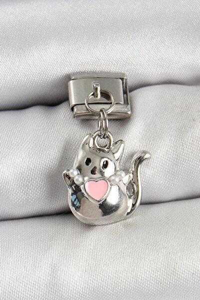 Livenda 316L Steel Dangle Heart Detailed Cat Model Silver Color Nomination Ch...