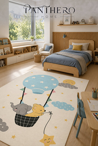 Panthero Home Mavi Uçan Balon Fil ve Ayıcık Desenli Çocuk Odası Kaymaz Taban ...