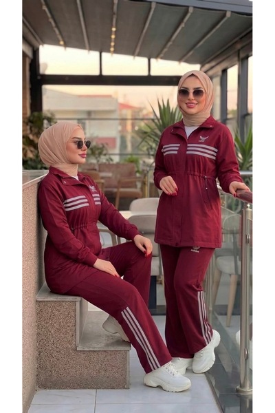 lamaro طقم بدلة رياضية إسلامية سوداء بتفاصيل مخططة ورباط