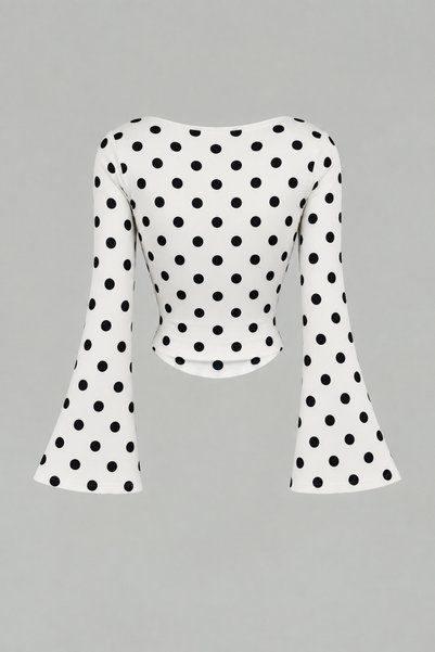 Marin Star White Black Polka Dot Boat Neck Spanish Sleeve Gathered Long Sleeve Blouse