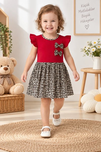 candar Leopard Printed Children's Dress with Double Bow Detail – 1/4 Years Old