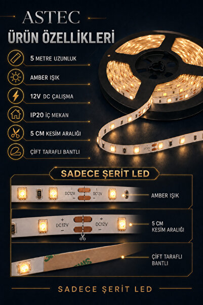 ASTEC 12V Şerit LED 5 Metre / 10 Metre Yapışkanlı Kesilebilir İç Mekân Aydınlatma – Trafo Hariç Bütün Renkler