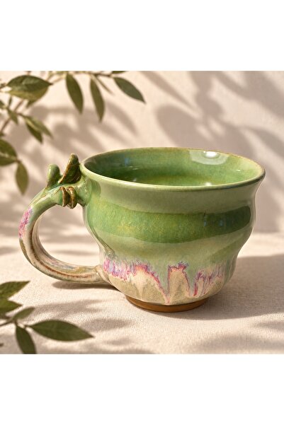 Ranowa Ceramic El Yapımı Stoneware Kupa Yeşil Sırlı Özel Tasarım Dal Kulplu K...
