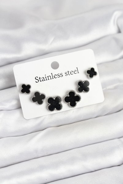 Livenda 316L Steel Silver Black Color 3 Sizes Clover Earring Set Tj-Bkp11234