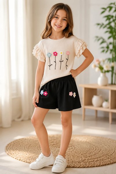 candar Children's Set with Floral Embroidery Detail – Ages 7/10