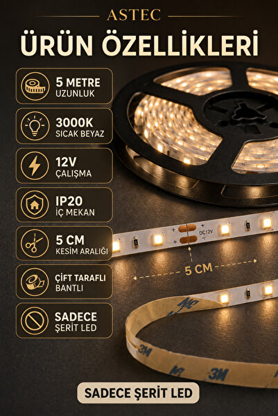 ASTEC 12V Şerit LED 5 Metre / 10 Metre Yapışkanlı Kesilebilir İç Mekân Aydınlatma – Trafo Hariç Bütün Renkler