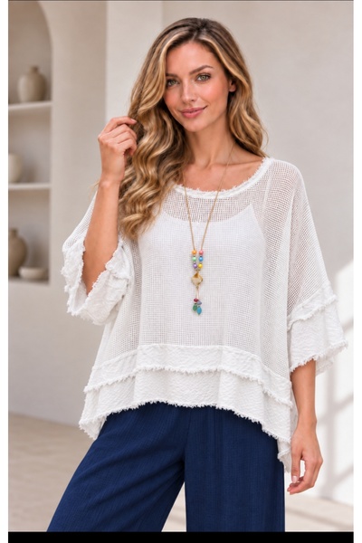MARWARİ OTANTİK BUTİK Italian Two-Piece Women's Mesh Blouse with Sleeves and Hem Detail