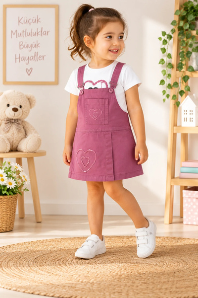 candar Heart Detailed Linen Salopet Kids Set – Short Skirt |   3-7 Years Old