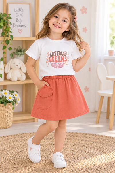 candar Gabardine Skirt and Basic T-Shirt Kids' Set |   1-5 Years Old