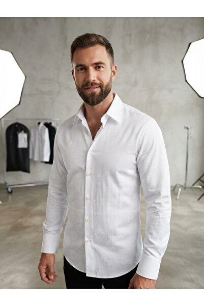 Chordi Men's Slim Fit Lettered Long Sleeve 100% Cotton Satin Shirt
