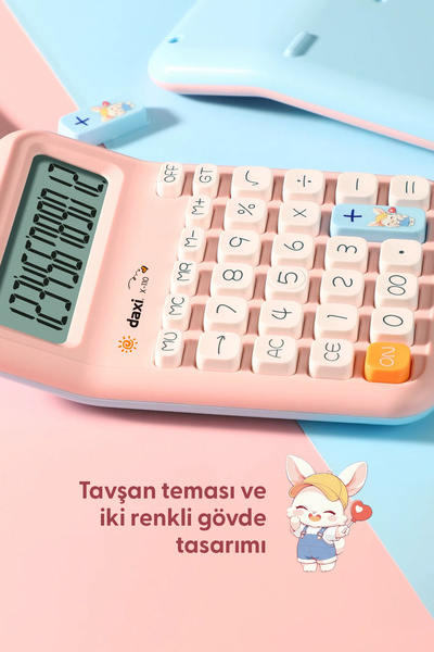 Daxi X-110 Küçük Boy Hesap Makinesi, Tavşan Temalı, İki Renkli Gövde Tasarımı, 12 Haneli, 9.5 x 12.5 cm