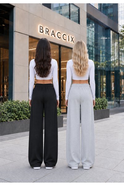 BRACCİX Women's 2-Piece Soft Textured Wide-Leg Sweatpants (Black-Grey)