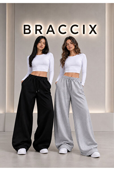 BRACCİX بنطلون رياضي من قطعتين (أسود + رمادي) واسع الساق مع جيوب قابلة للتعديل