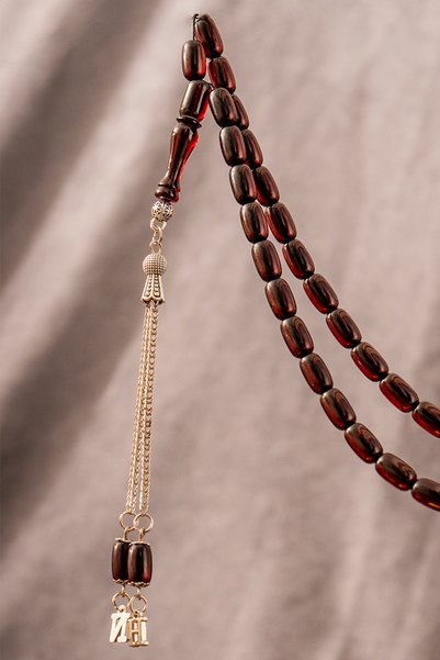 İSTANBULTAKI925 Special Blessed and Lettered Tassel Capsule Fire Amber Prayer Beads