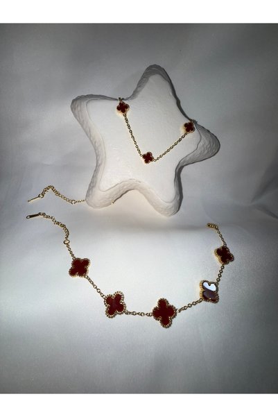 Stainlesss stellss Yonca Model Çelik Bordo Gold Bileklik Kolye Set