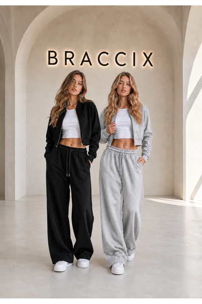 BRACCİX Women's 2-Piece Comfortable Fit Palazzo Sweatpants (Black-Grey)
