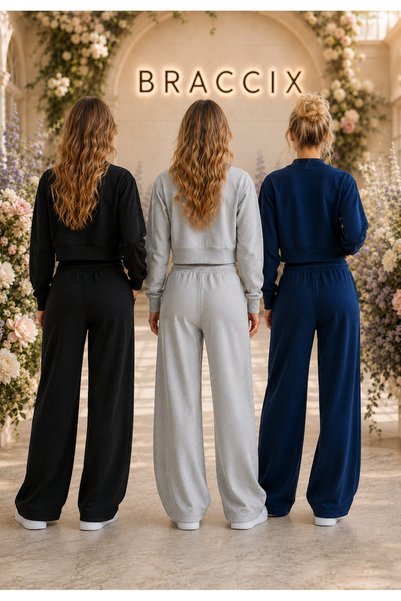 BRACCİX Women's 3-Piece Elastic Waist Lace-Up Sweatpants (Black-Grey-Navy Blue)