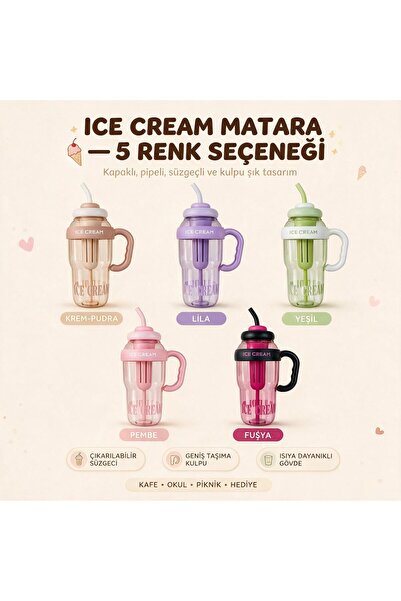Genel Markalar Ice Cream Dondurma Tasarımlı Pipetli Suluk Meyve Süzgeçli Kulp...
