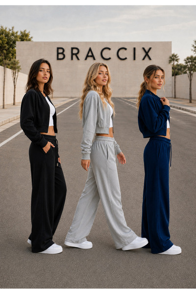 BRACCİX Women's 3-Piece High-Waisted Wide-Leg Sweatpants (Black-Grey-Navy Blue)
