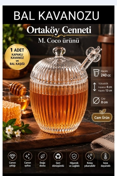 ORTAKÖYCENNETİ M. Cocolorenzo Glass Honey Jar with Spoon - 240ml