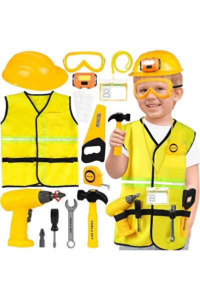 Arabest Kids Worker Costume with Electric Drill and Safety Vest,15-Piece Pret...