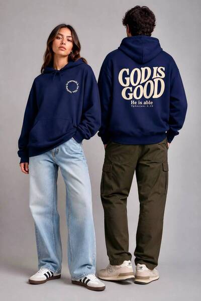 JANTIL MODA سويت شيرت بقلنسوة مطبوع عليه "GOD IS GOOD / He Is Able" بجيب الكن...