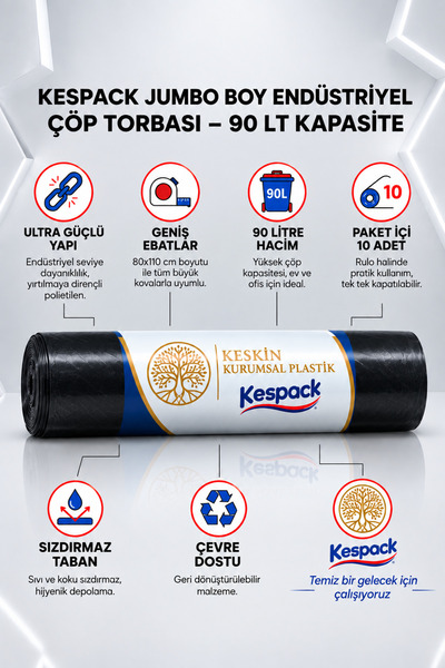 KESPACK Çöp Poşeti 80x110 Jumbo Boy 3 Rulo 30 Adet Sızdırmaz Çöp Torbası